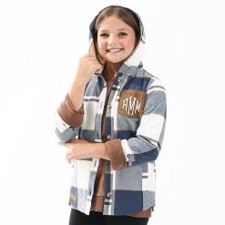 Monogrammed Kids Shacket -Fashion Clothing Store rIe youth girl wearing slate ivory plaid shacket