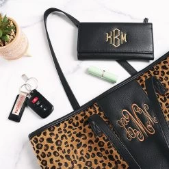Monogrammed Wallet -Fashion Clothing Store rJM black wallet and leopard tote bag