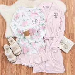 Personalized Robe -Fashion Clothing Store rMB monogrammed robe in pink and white stripes with pink peonies pajama set