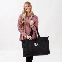 Monogrammed Diamond Quilted Weekender -Fashion Clothing Store rTE black diamond quilted weekender on arm