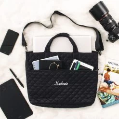 Monogrammed Quilted Laptop Bag -Fashion Clothing Store rbl black quilted laptop bag flatlay name