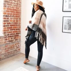 Monogrammed Plaid Poncho -Fashion Clothing Store rgq black tan ivory plaid poncho side