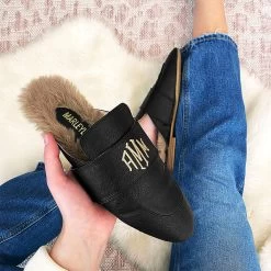 Monogrammed Slide On Loafers -Fashion Clothing Store ro9 black slide on loafer selfie fur rug and denim
