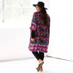 Monogrammed Duster 12 Monogrammed Duster -Fashion Clothing Store s0v black floral duster in studio with black leggings hat back view