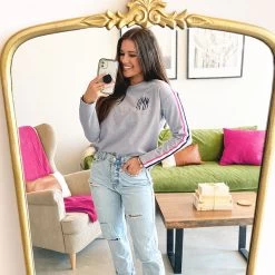 Monogrammed Striped Sleeve Shirt 11 Monogrammed Striped Sleeve Shirt -Fashion Clothing Store sCU selfie of grey sweatshirt with pink and navy striped sleeves