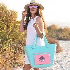 Monogrammed Waterproof Beach Bag -Fashion Clothing Store sJ3 girl holding waterproof beach bag on arm