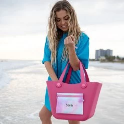 Monogrammed Waterproof Beach Bag -Fashion Clothing Store sc3 hot pink water proof beach bag with blonde girl in fishing shirt name option