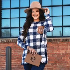 Monogrammed Wristlet -Fashion Clothing Store t3m Monogrammed Wristlet in brown with wide brim hat and sweatshirt new