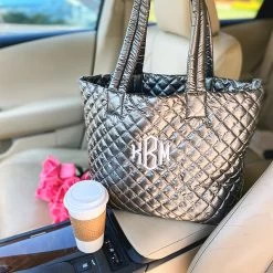 Monogrammed Diamond Quilted Tote -Fashion Clothing Store tHt metallic silver diamond quilted tote in car