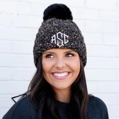 Monogrammed Pom Pom Beanie 21 Monogrammed Pom Pom Beanie -Fashion Clothing Store tQo black pom pom beanie on brunette