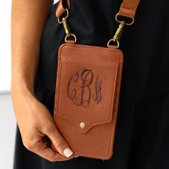 Monogrammed Phone Crossbody 24 Monogrammed Phone Crossbody -Fashion Clothing Store tT1 brown phone crossbody close up with chocolate thread