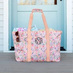 Monogrammed Extra Large Tote Bag -Fashion Clothing Store teL monogrammed extra large tote in coral floral on porch