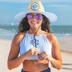 Monogrammed Straw Hat -Fashion Clothing Store uAM Seersucker navy stripes straw hat at beach