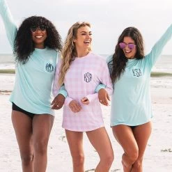 Monogrammed Sun Shirt 9 Monogrammed Sun Shirt -Fashion Clothing Store uw1 mint and pink gingham on girls monogrammed sun shirt on beach