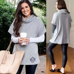 Monogrammed Cowl Neck Poncho -Fashion Clothing Store uwB front and back of gray cowl neck poncho with coffee and suede tote