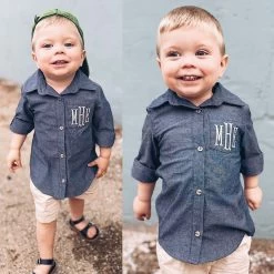 Monogrammed Kids Button Down Tunic 9 Monogrammed Kids Button Down Tunic -Fashion Clothing Store vFs chambray boys monogrammed button down shirt