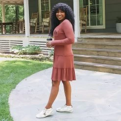 Monogrammed Waffle Dress -Fashion Clothing Store vKo side view of rust waffle dress uncinched