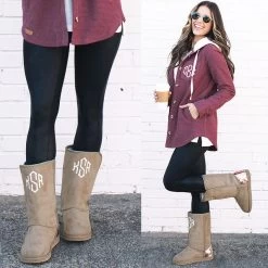 Monogrammed Sherpa Booties -Fashion Clothing Store vV8 monogrammed sherpa booties in tan with pink glitter with shacket