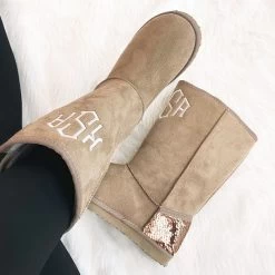 Monogrammed Sherpa Booties -Fashion Clothing Store vV8 personalized sherpa booties in tan with pink glitter front and side