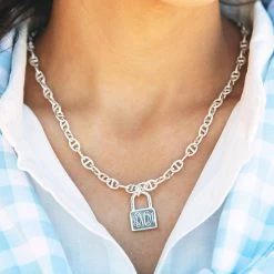 Monogrammed Lock Chain Necklace 8 Monogrammed Lock Chain Necklace -Fashion Clothing Store vbL silver monogrammed lock chain necklace