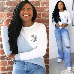 Monogrammed Colorblock Sweatshirt 8 Monogrammed Colorblock Sweatshirt -Fashion Clothing Store vpG colorblock sweatshirt split image with jeans