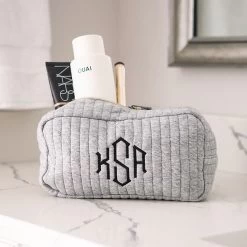 Monogrammed Quilted Cosmetic Case -Fashion Clothing Store wK4 gray quilted cosmetic case up close