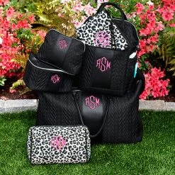 Monogrammed Quilted Diaper Backpack -Fashion Clothing Store wLw onxy quilted travel set mixed with neopren leopard wristlet and cosmetic case