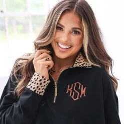 Monogrammed Quarter Zip Sweatshirt -Fashion Clothing Store wSG close up of monogrammed black leopard dottie quarter zip