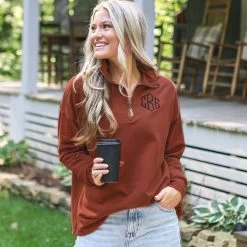 Monogrammed Quarter Zip Sweatshirt -Fashion Clothing Store wSG rust pumpkin orange monogrammed quarter zip with jeans