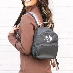 Monogrammed Classic Mini Backpack 14 Monogrammed Classic Mini Backpack -Fashion Clothing Store wbs close up of girl wearing charcoal mini backpack