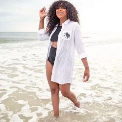 Monogrammed Shirtdress Cover Up -Fashion Clothing Store wn5 white shirtdress cover up with black swimsuit