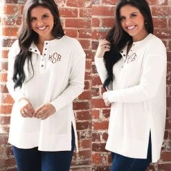 Monogrammed Waffle Henley Tunic 15 Monogrammed Waffle Henley Tunic -Fashion Clothing Store x9l side slit of monogrammed waffle henley in ivory