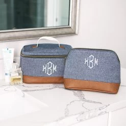Monogrammed Chambray Train Case -Fashion Clothing Store xeq chambray train case and cosmetic case on sink