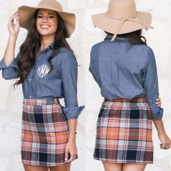 Pull On Skirt -Fashion Clothing Store xjF chambray button down tunic with plaid pull on skirt