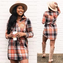 Monogrammed Plaid Dress -Fashion Clothing Store yG2 pumpkin black plaid dress split image