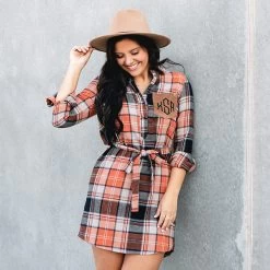 Monogrammed Plaid Dress -Fashion Clothing Store yG2 pumpkin black plaid dress up close