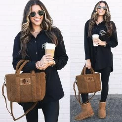 Monogrammed Sherpa Crossbody Bag -Fashion Clothing Store yS5 split of brunette holding sherpa crossbody