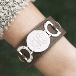 Monogrammed Leather Cuff Bracelet -Fashion Clothing Store yiC silver horsebit cuff on arm