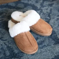 Sherpa Slippers -Fashion Clothing Store yw3 brown sherpa slippers on blue rug