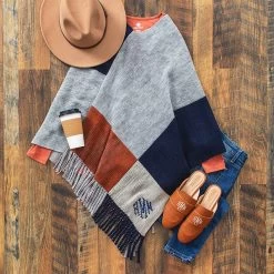 Monogrammed Colorblock Poncho -Fashion Clothing Store z3o gray colorblock poncho flatlay