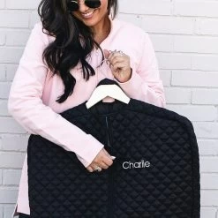 Monogrammed Diamond Quilted Garment Bag -Fashion Clothing Store zES black diamond quilted garment bag up close with name monogram