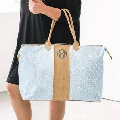 Monogrammed Dottie Weekender -Fashion Clothing Store zZF personalized blue dottie bag on arm