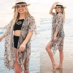 Leopard Kimono -Fashion Clothing Store zf9 tan leopard kimono on beach with bathing suit