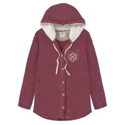 Monogrammed Hooded Sherpa Shacket -Fashion Clothing Store znn Monogrammed Hooded Sherpa Shacket in Burgundy
